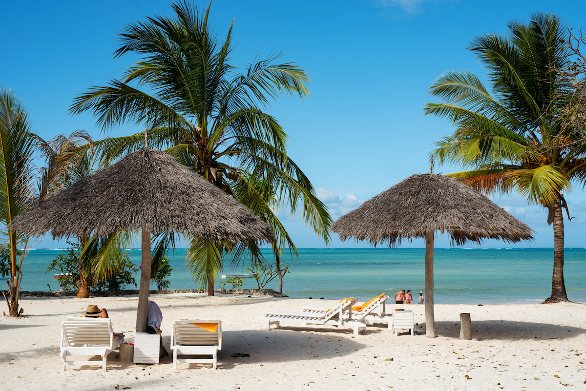 Private beach area with sunloungers at Fun Beach Hotel Zanzibar