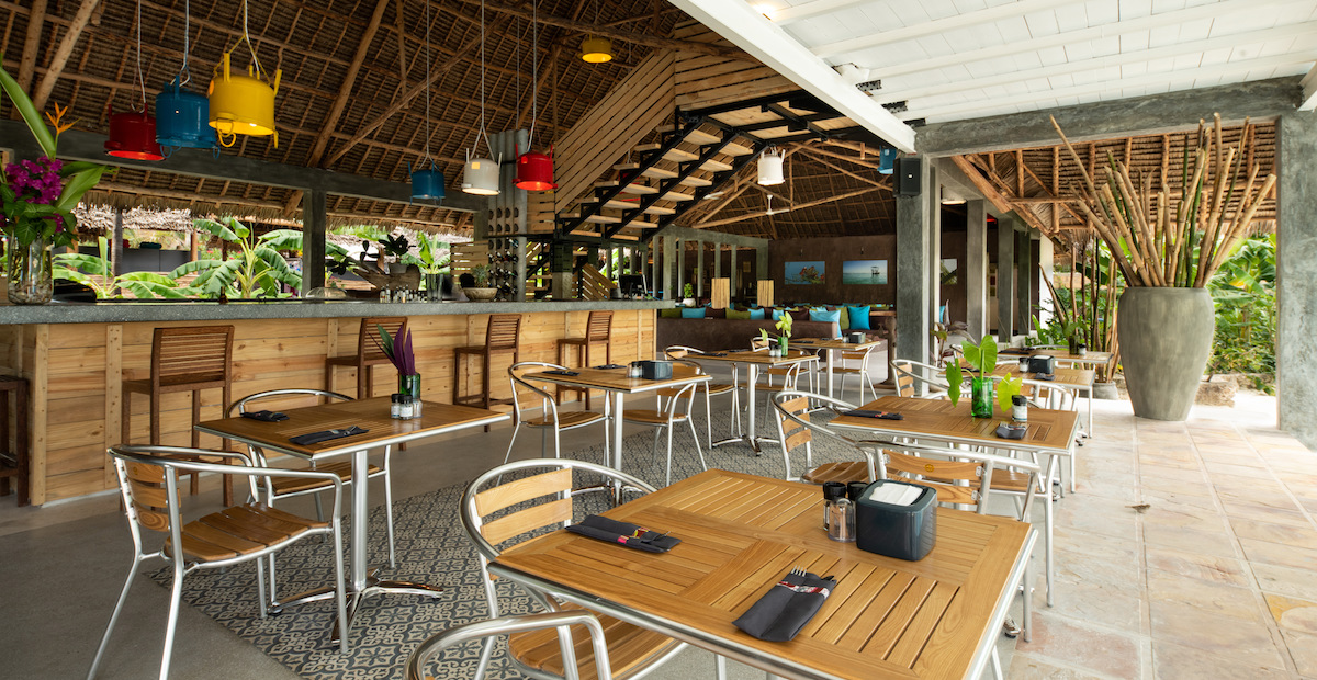 Restaurant and bar area facing front pools at Fun Beach Hotel Zanzibar