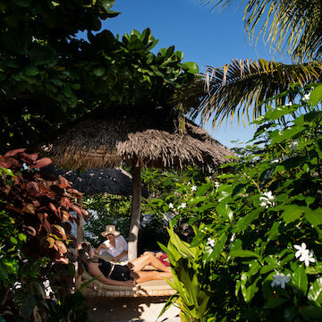 Our Zanzibar Nyumbani Residence sun loungers amongst garden